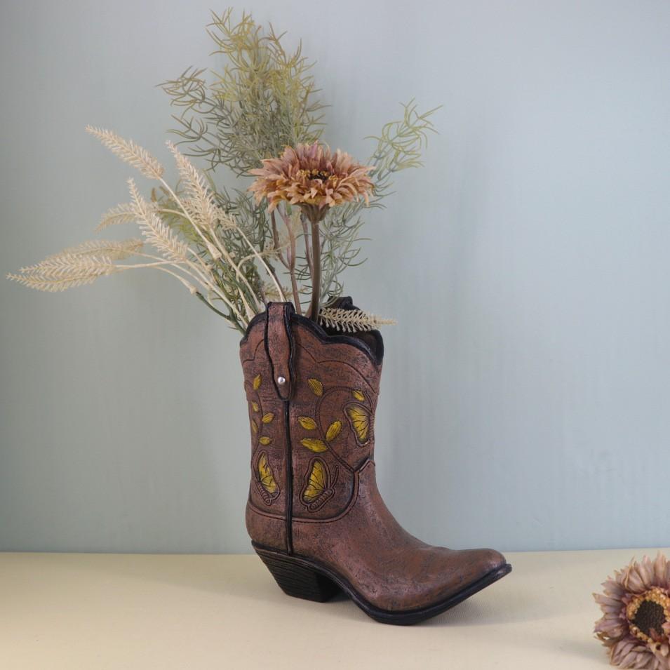 Vintage Boot Resin Vase Decor, Striped Hydroponic Flower Container, Indoor/outdoor Home Decoration, Living Room, Balcony, Garden, Cowboy Style