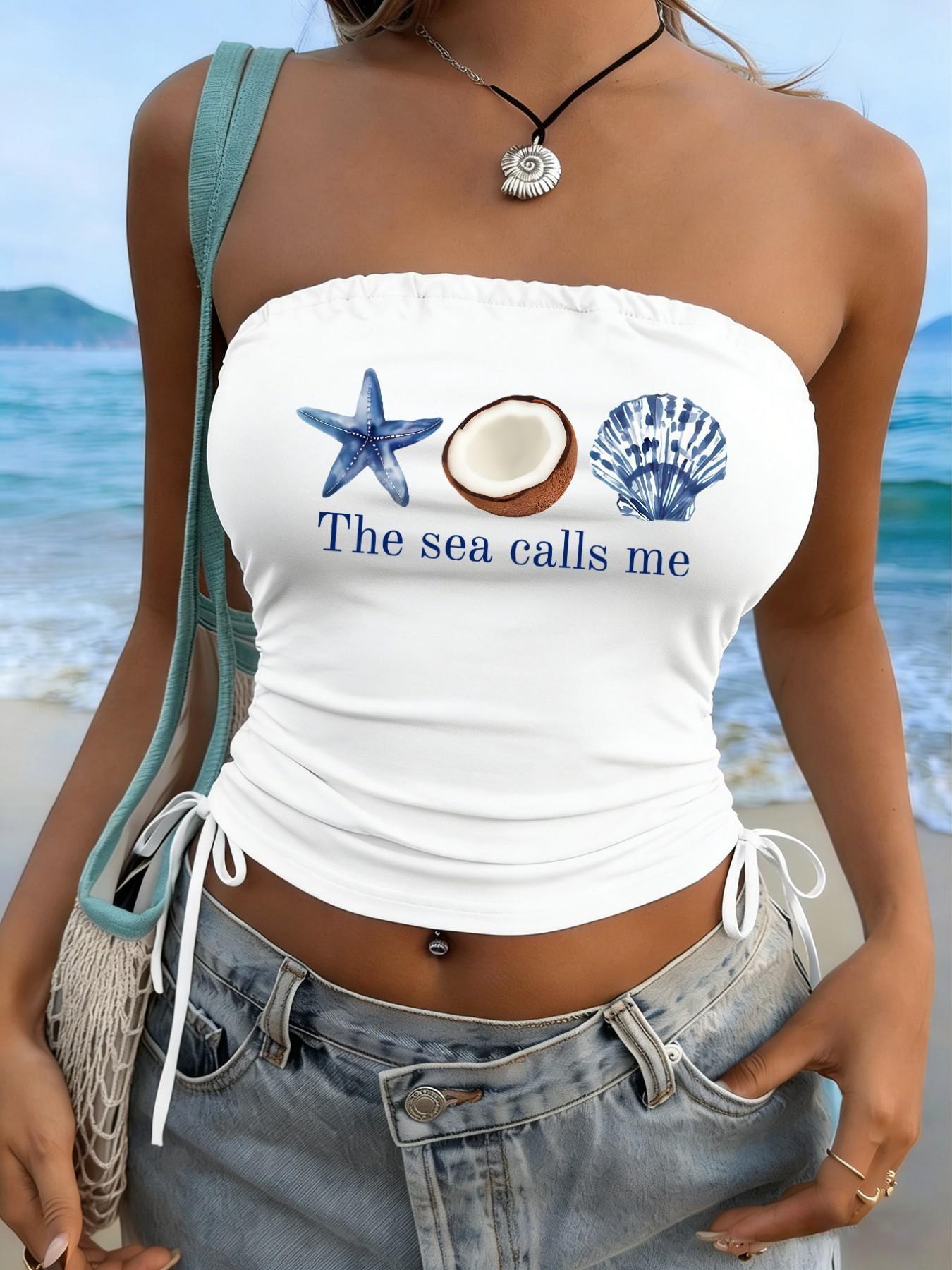 Y2K Style Starfish Coconut Shell Print Tube Top, Slim-Fit Sleeveless Drawstring Crop Top, Trendy Streetwear for Spring Summer
