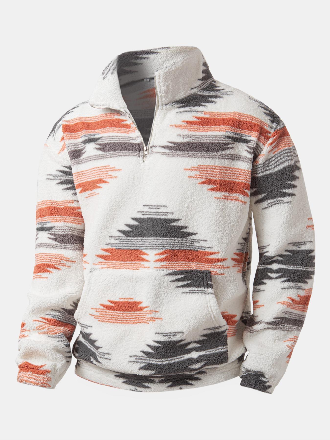 Men's Flannel Ethnic Print Hoodie, High Neck Half-Zip Pullover with Pocket, Warm Autumn Winter Casual Sportswear