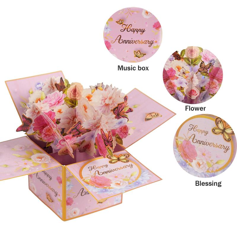 【Valentine's Gift】Musical Flower Card  /3D Pop-Up Butterfly Flower Bouquet Greeting Card for Women - Singing Birthday/anniversaryPop Up Card with Dancing Lights Music 3D Happy Birthday Gifts for Women, Wife, Mom, Grandmother Pastel Color