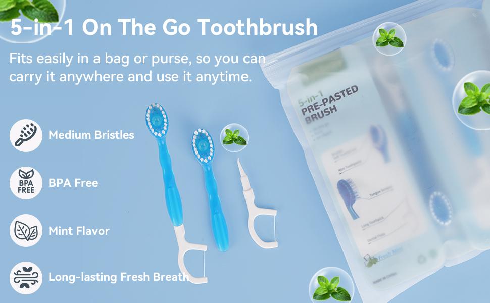 26 PCS 5-in-1 Mini Brushes Disposable Toothbrushes with Toothpaste and Pick, Individually Wrapped, Portable On The Go Toothbrush for Work Travel - 4 Flavors