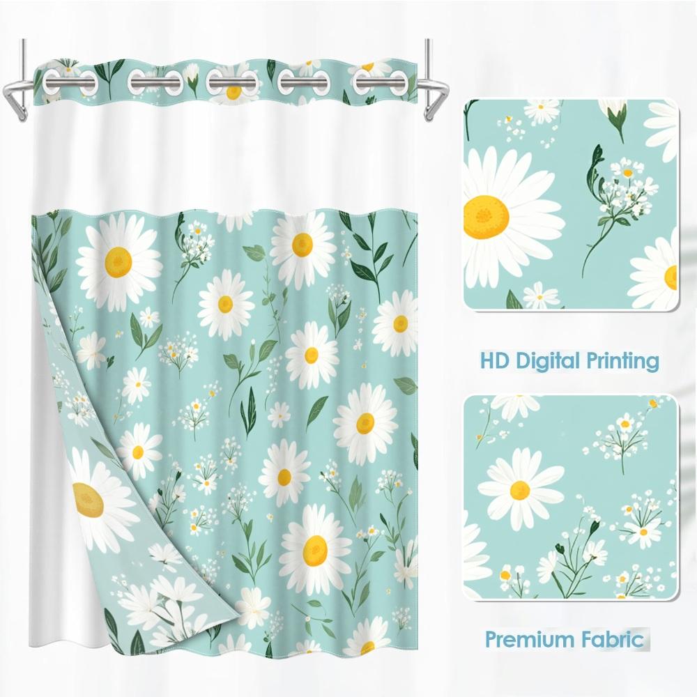 1pc hookless shower curtain with buckle lining, spring white and green daisy floral design, 2D flat printing, fabric waterproof lining, see-through double shower curtain, 71 x 74 inches, modern home draping curtain.
