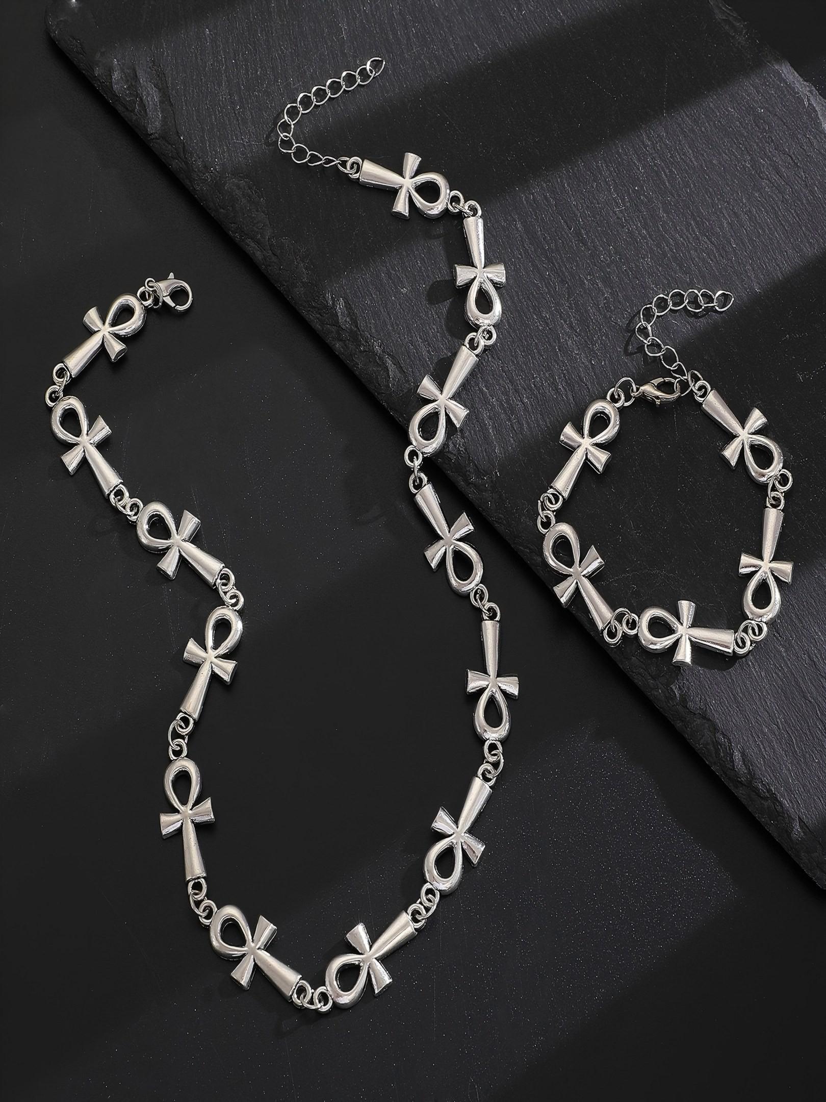 Anka Cross Necklace Bracelet Set, Alloy Hip Hop Retro Unisex Daily Wear, Lifeforce Symbol, Fade-Resistant, Adjustable, Trendy Street Style