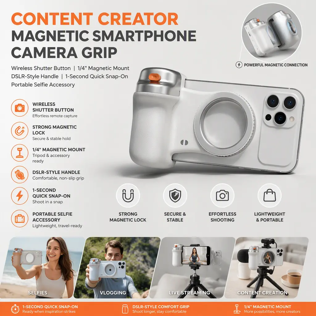 Quick Snap‑On Magnetic Camera Grip for Smartphones, DSLR‑Style Handle with Wireless Shutter & 1/4" Magnetic Mount, Portable Stable Video Shooting Tool for iPhone & Android
