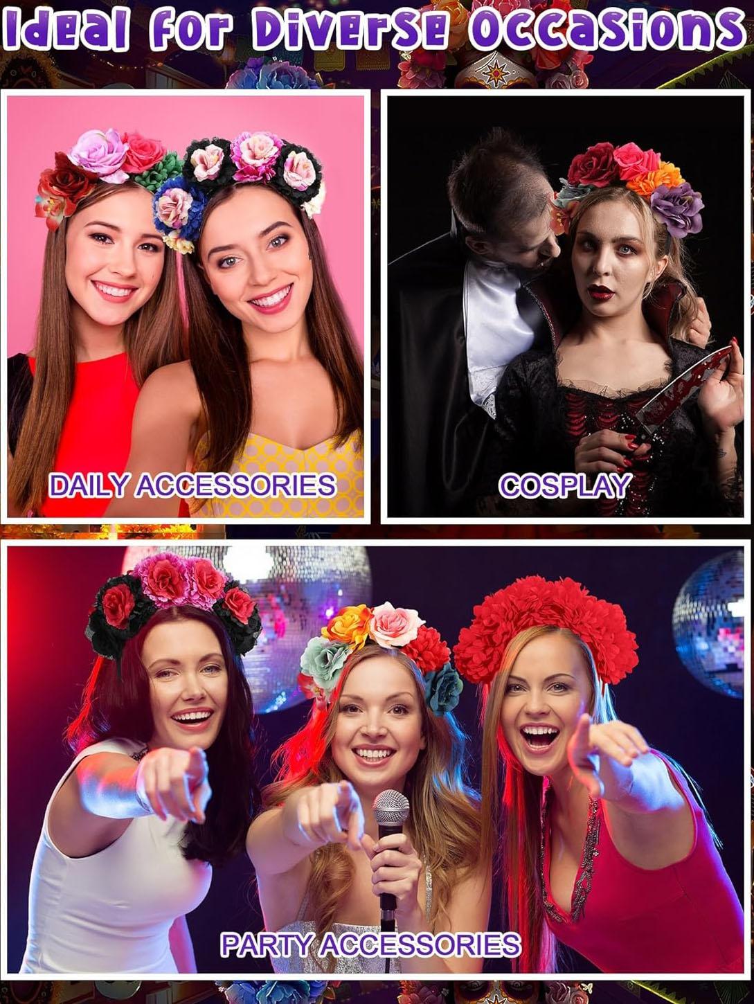 Mexican Flower Headband, Carnival Rose Crown, Party Role Play Halloween Accessory, Bridal Vacation Prop, Double-Sided Floral Hair Band