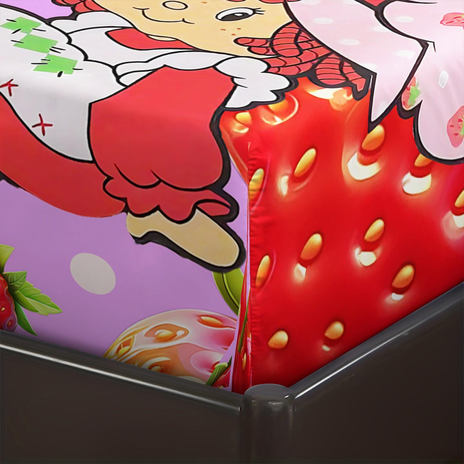 Anime Strawberry Girl Fitted Sheet Set, 1 Fitted Sheet + 2 Pillowcases - 3 Pcs Soft Breathable Bedding with Deep Pocket, 360° All-Round Wrap, Wrinkle Resistant, Cute Strawberry & Cat Cartoon Bed Sheets for Girls, Full Size