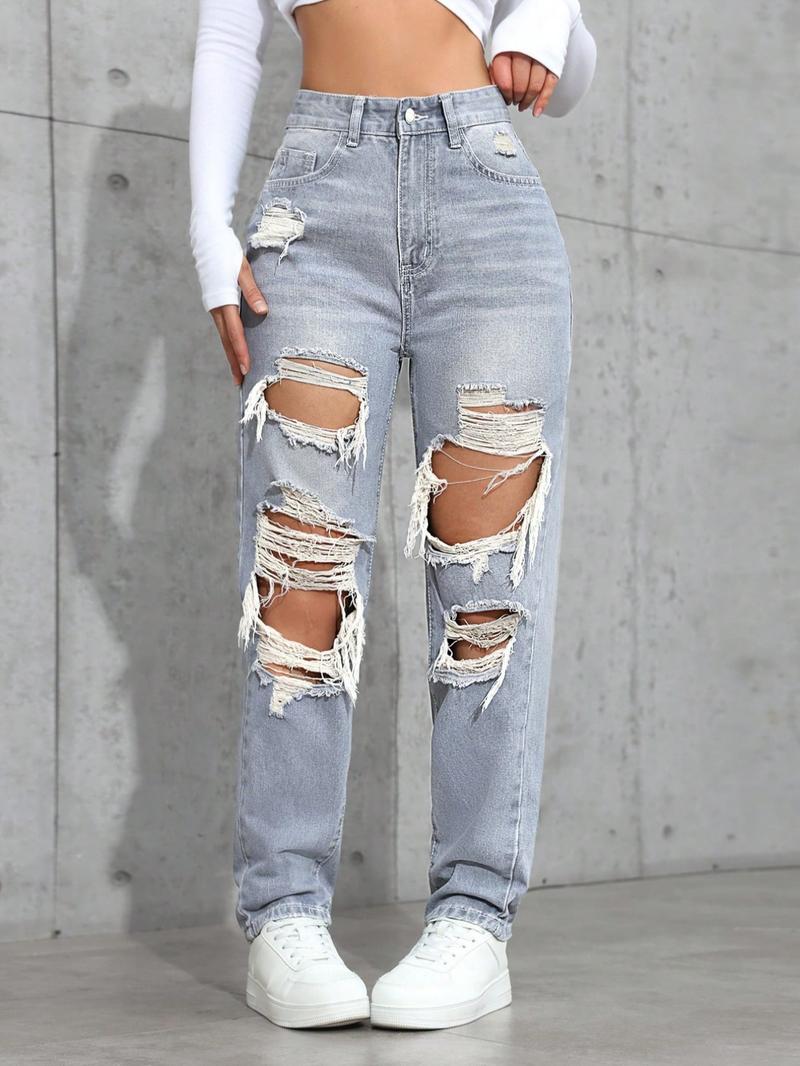 Women's High-Waisted Straight Leg Ripped Jeans Pants, Casual Comfortable Street Style Spring Fashion, Fitted Long Regular Fit