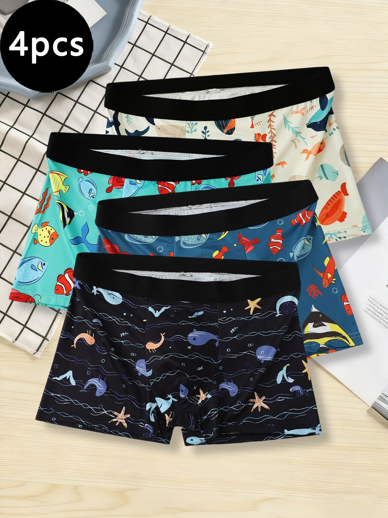 4-piece marine-style men's underwear | Marine life print pattern | Soft and well-shaped