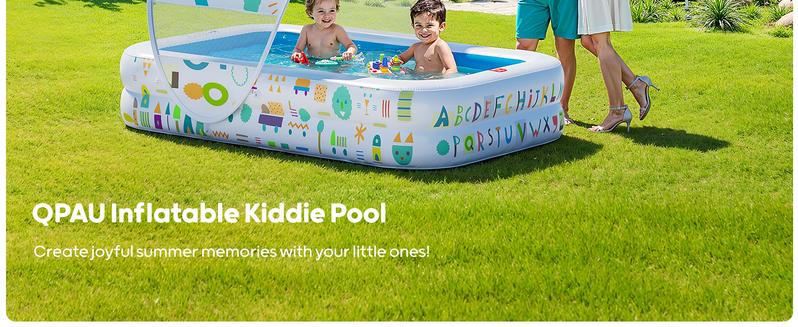 QPAU Kiddie Pool – 65" x 39" Inflatable Pool for Kids & Toddlers, Ball Pit & Baby Pool with Soft Cushioned Floor, Canopy for Sun Protection, Durable Outdoor Play Toys for Backyard & Indoor Use holder Portable Fun Outdoorfun