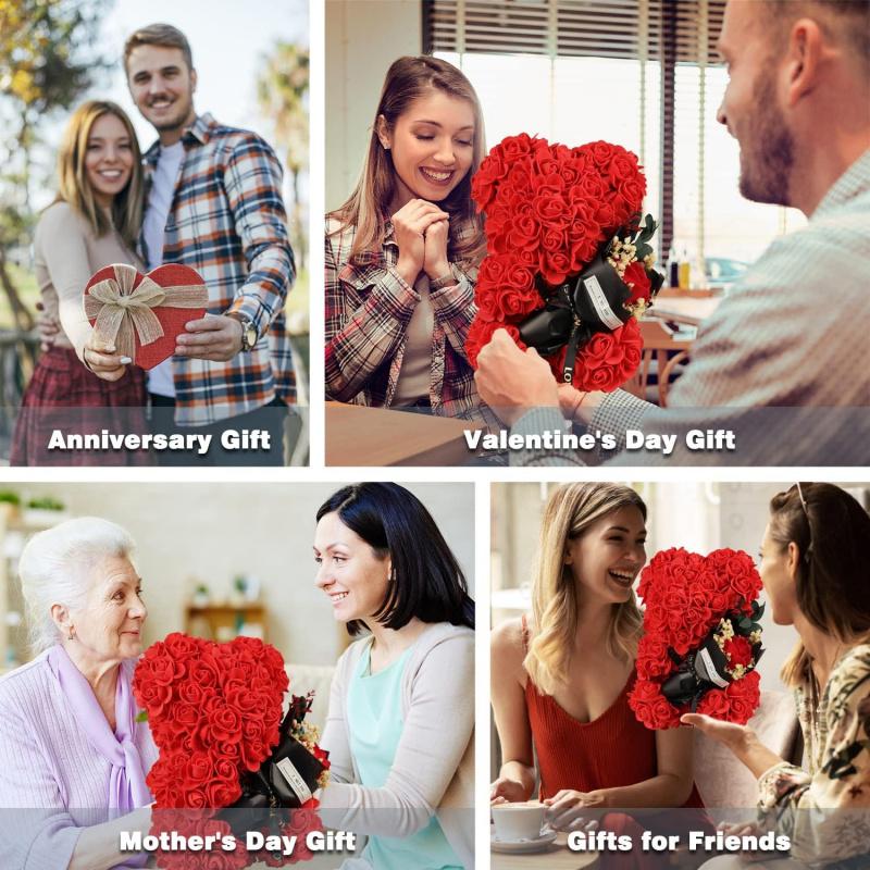 Rose Bear Gifts for Women-Best Gift for Valentine's Day,Mother's Day,Christmas,Birthday,Handmade Artificial Rose Teddy Bear Gifts for Girlfriend,Mom, and Daughters, Artificial Roses Bouquet with Bear Shaped Design,Surprise Clear Gift Box