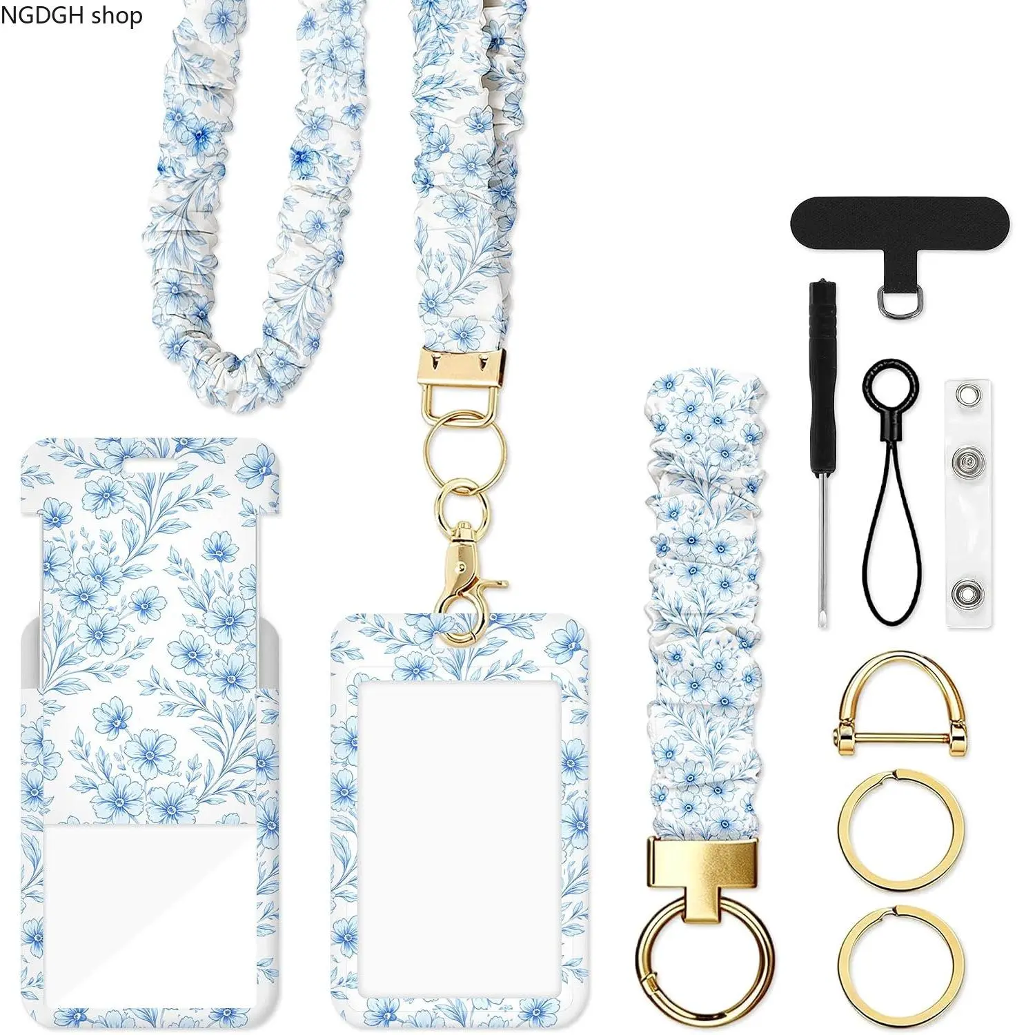 Cute Floral Scrunchie Lanyard with ID Badge Holder and Keychain Set for Women, Aesthetic Stretchy Neck Strap Key Chain Wristlet, Teacher Appreciation Back to School Gifts Nurse Office Supplies
