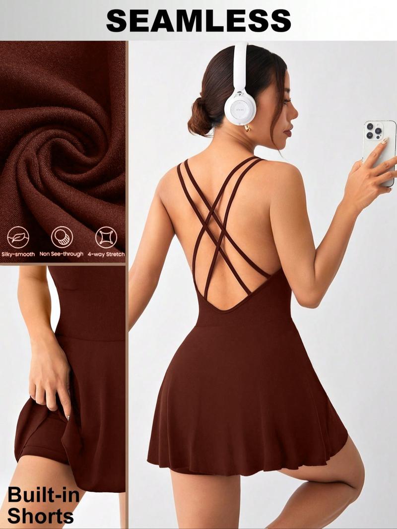 Christmas Women's Cross Back Sporty Dress with Removable Pads, Sleeveless Yoga Skirt Pants, Tight-Fitting All Season Wear, Backless Sports Dress