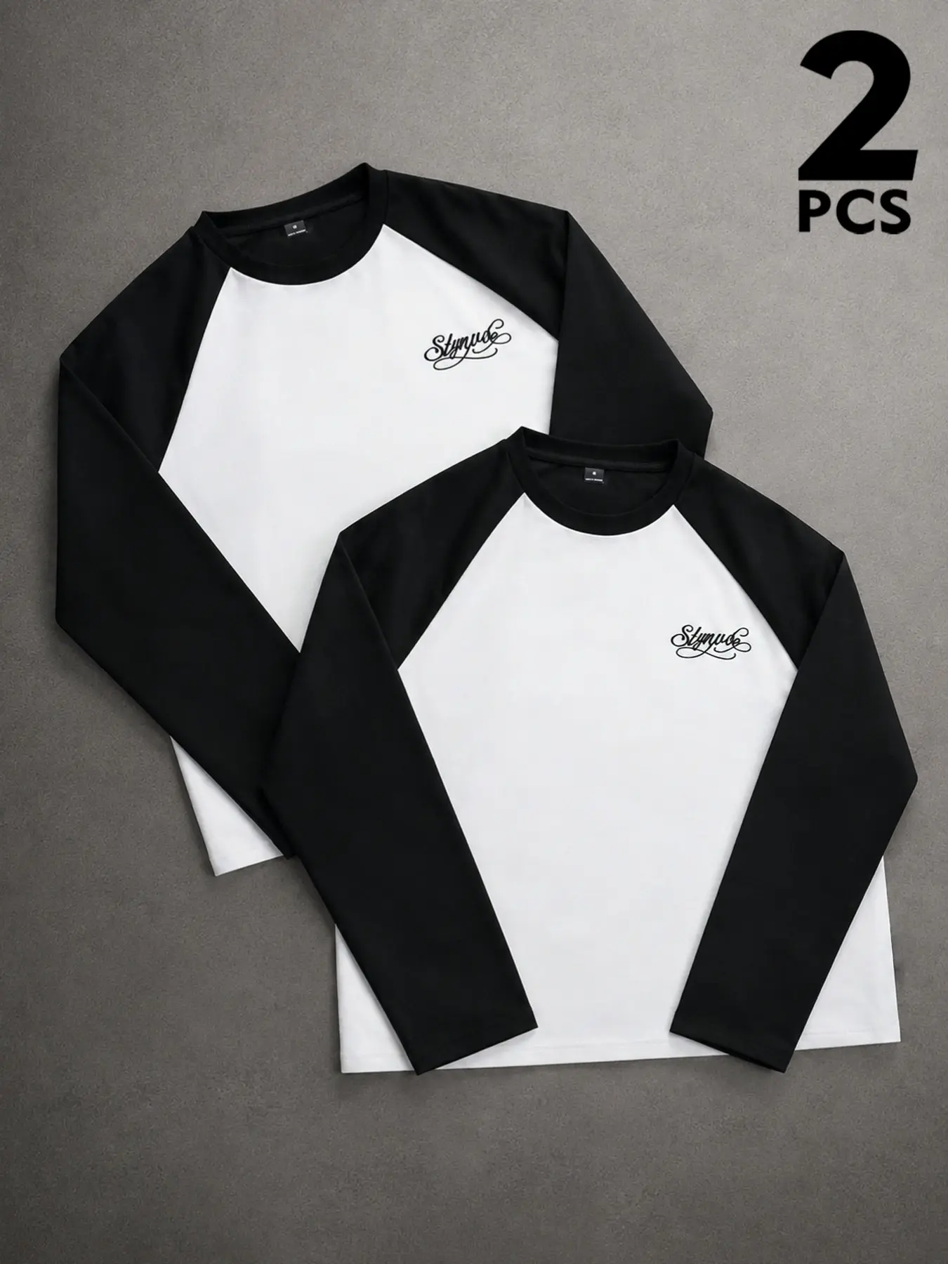 Two‑Pack Men's American Vintage Raglan‑Sleeve Long‑Sleeve T‑Shirts, Black‑White Color‑Block Baseball Jersey with Hand‑Printed Logo on Chest, Loose Boxy Fit, Skin‑Friendly & Breathable, Crew‑Neck Street‑Style Tops, Suitable for Skateboarding, Campus, Daily