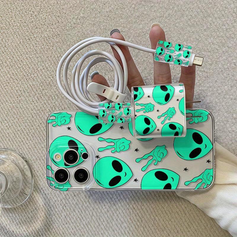 iPhone Case Set, Transparent Alien Design, Shockproof Protective Cover for iPhone 15 Series & More, Includes Charger Protector & Cable Wrap, Accessories