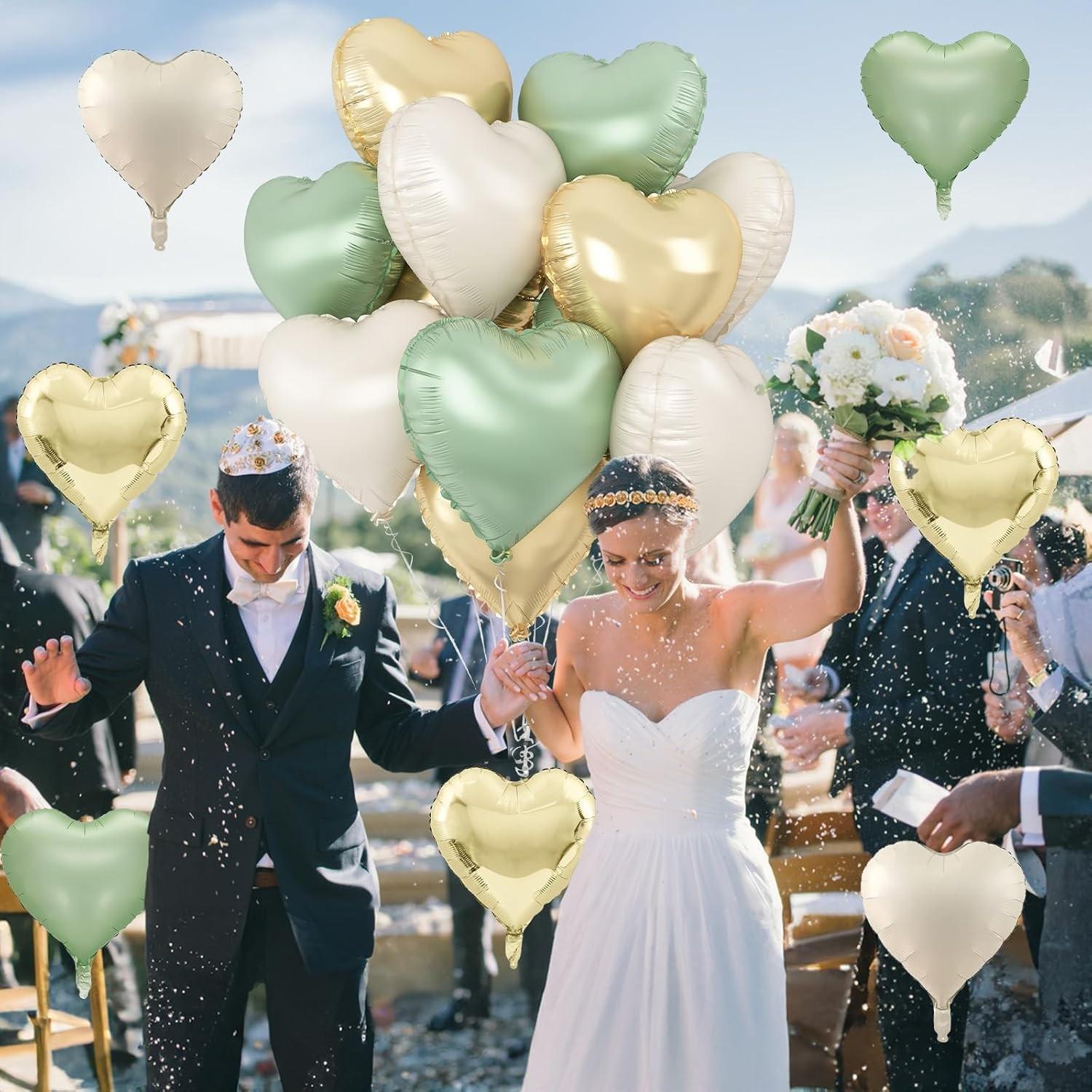 Green gold heart-shaped balloons, 12 green gold heart-shaped aluminum foil balloons with 2 accessories, 18 inch green cream white heart-shaped foil balloons, suitable for jungle, forest, birthday, wedding, baby party, party decoration