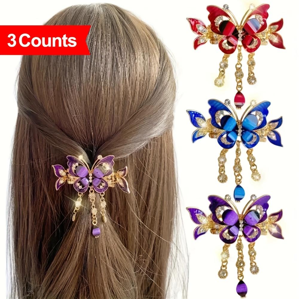 3pcs Vintage Bohemian Butterfly Tassel & Rhinestone Embellished Hair Clips - Elegant Stylish Back-of-Head Hair Accessories (Home Decor Accent Pieces) claw