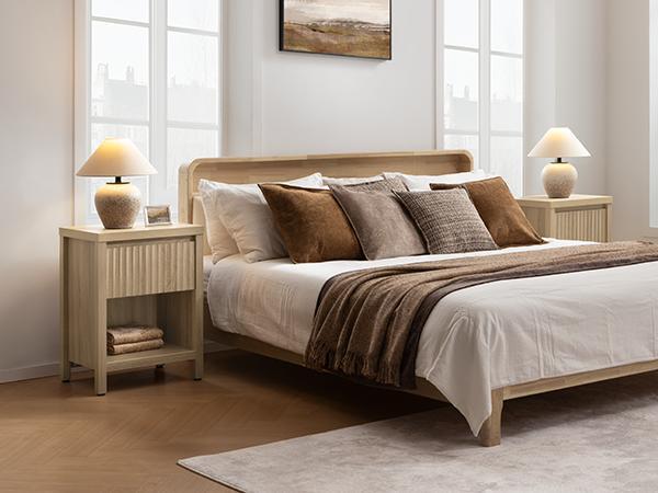 SICOTAS Fluted Night Stand Set of 2, Farmhouse Bedside Tables with Drawer and Open Shelf – Boho Bedroom Nightstands for Storage, Large End Tables with Vintage Design, Sturdy Engineered Wood Accent Furniture for Home Decor