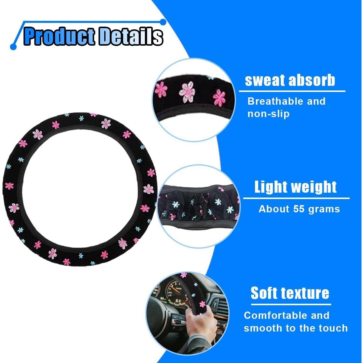Cute Embroidery Flower Steering Wheel Cover, Non-Slip Floral Steering Wheel Protector with 4 count   Air Vent Clips,   Interior Decorations for Women Girls