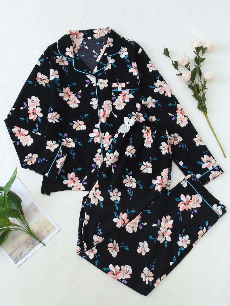 Women's Button Front Blouse & Bow Front Contrast Binding Pants Pyjama Set, Casual Long Sleeve Lapel Top & Trousers, Summer Outfits 2024, Sleepwear for Spring & Fall, National Day Offers Women's Button Front Blouse & Bow Front Contrast Binding Pants Pyjama Set, Casual Long Sleeve Lapel Top & Trousers, Summer Outfits 2024, Sleepwear for Spring & Fall, National Day Offers