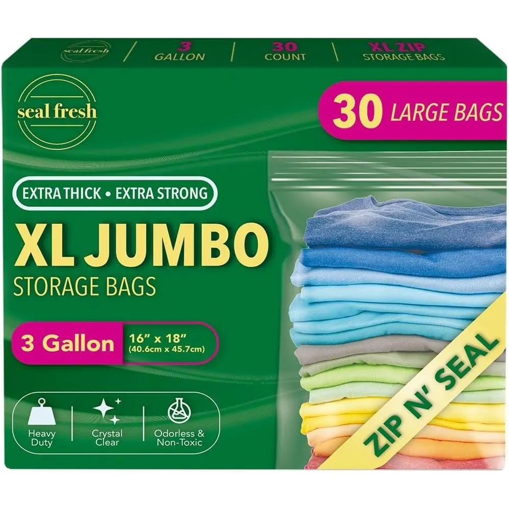 3 Gallon Large Plastic Storage Bags – 16" x 18" (30 Count) – Reusable XXL Extra Large Clear Jumbo Zip Bags with Sealable Zipper Top For Clothes, Travel, Moving