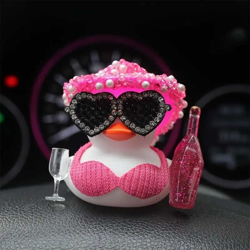 Rubber Duck Car Dashboard Decoration with Pink Sparkling Hat, Champagne Bottle & Stylish Glasses - Fun Car Interior Ornament for Car, Holiday Gifts & Party Atmosphere