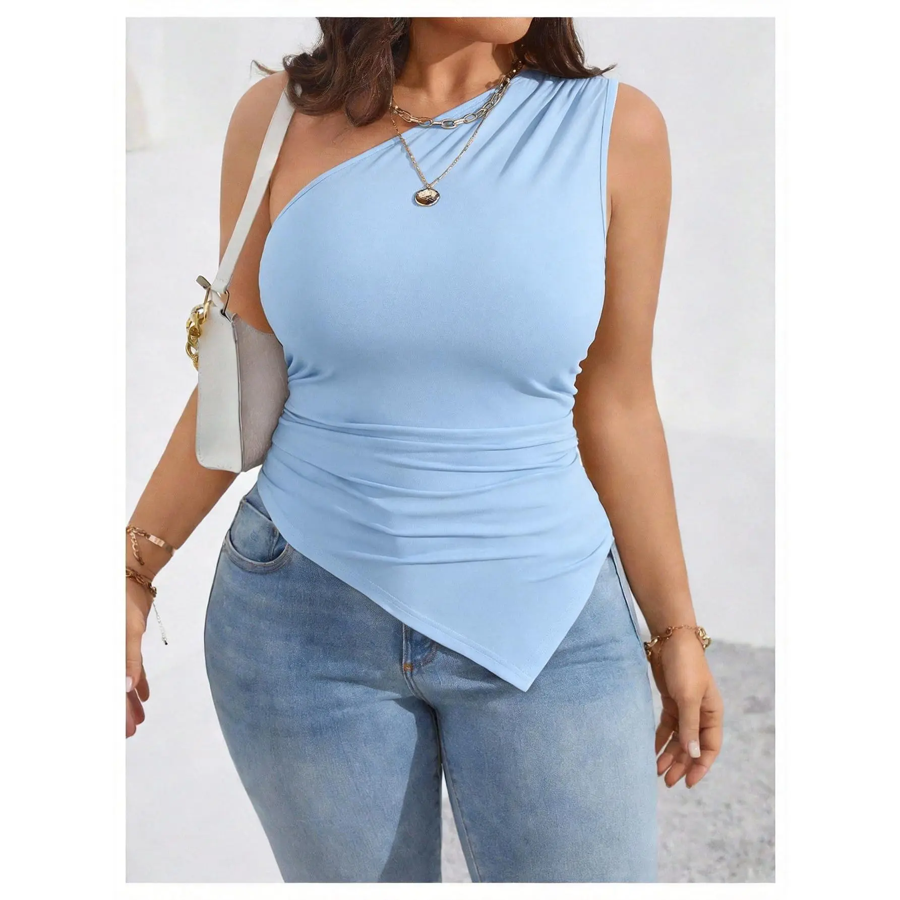 Plus Size One Shoulder Asymmetrical Tank Tops, Summer Beach Vacation Outfits