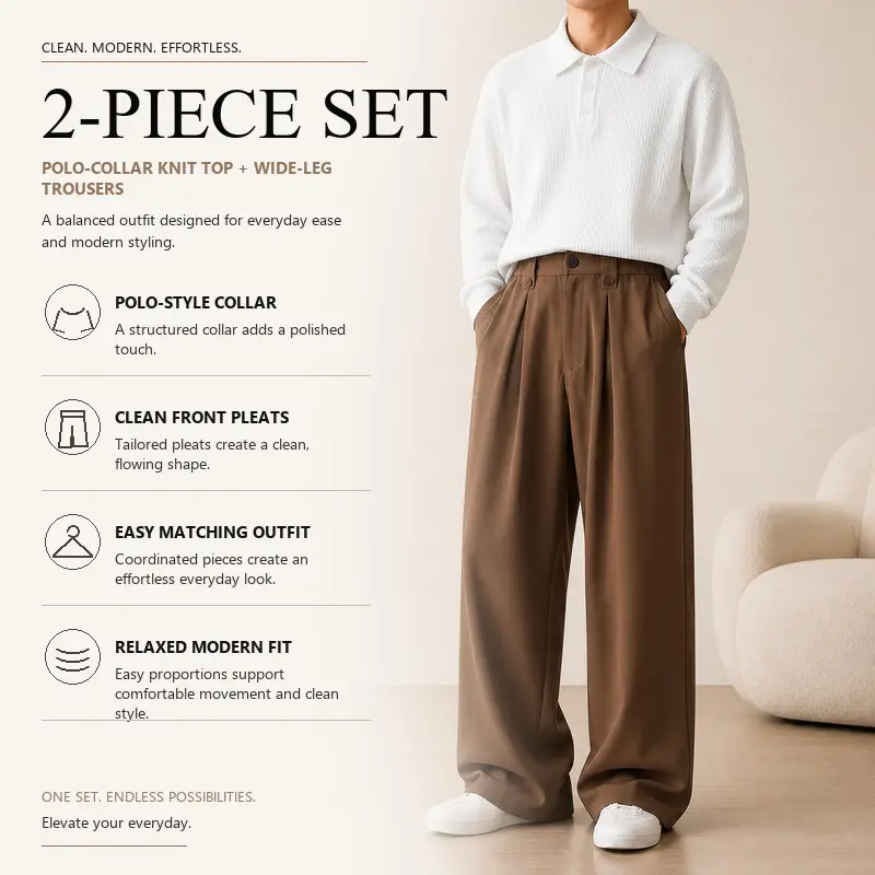 Men's Casual Sweater and Pants Set, Polo Collar Ribbed Knit Sweater with Wide Leg Tailored Pants, 8 Curated Solid Color Pairings, Sizes S-XXL, Daily Work Travel Style, Group 2