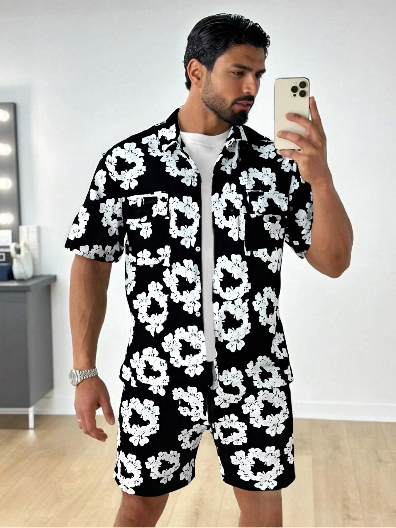 Men's Floral Print Shirt & Shorts Set, Regular Fit Casual Short Sleeve Button Top & Shorts, Men's Summer Outfits Set for Beach Vacation