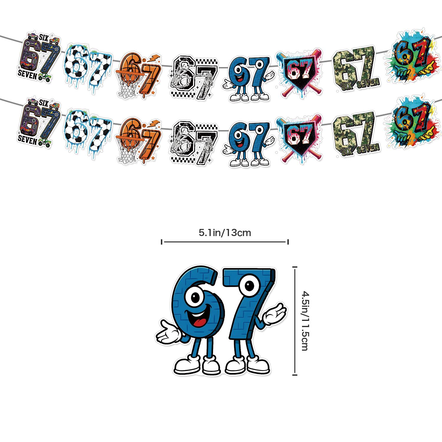 Hot Funny Abstract Six Seven Meme Theme Birthday Decorations ，Brainrot Meme &67 Themed party supplies Set Includes Banner, Cake Topper, Cupcake Toppers, Ballons，8 Sheets Make a Face Diy Sticker,Suitable for cartoon-themed birthday party events