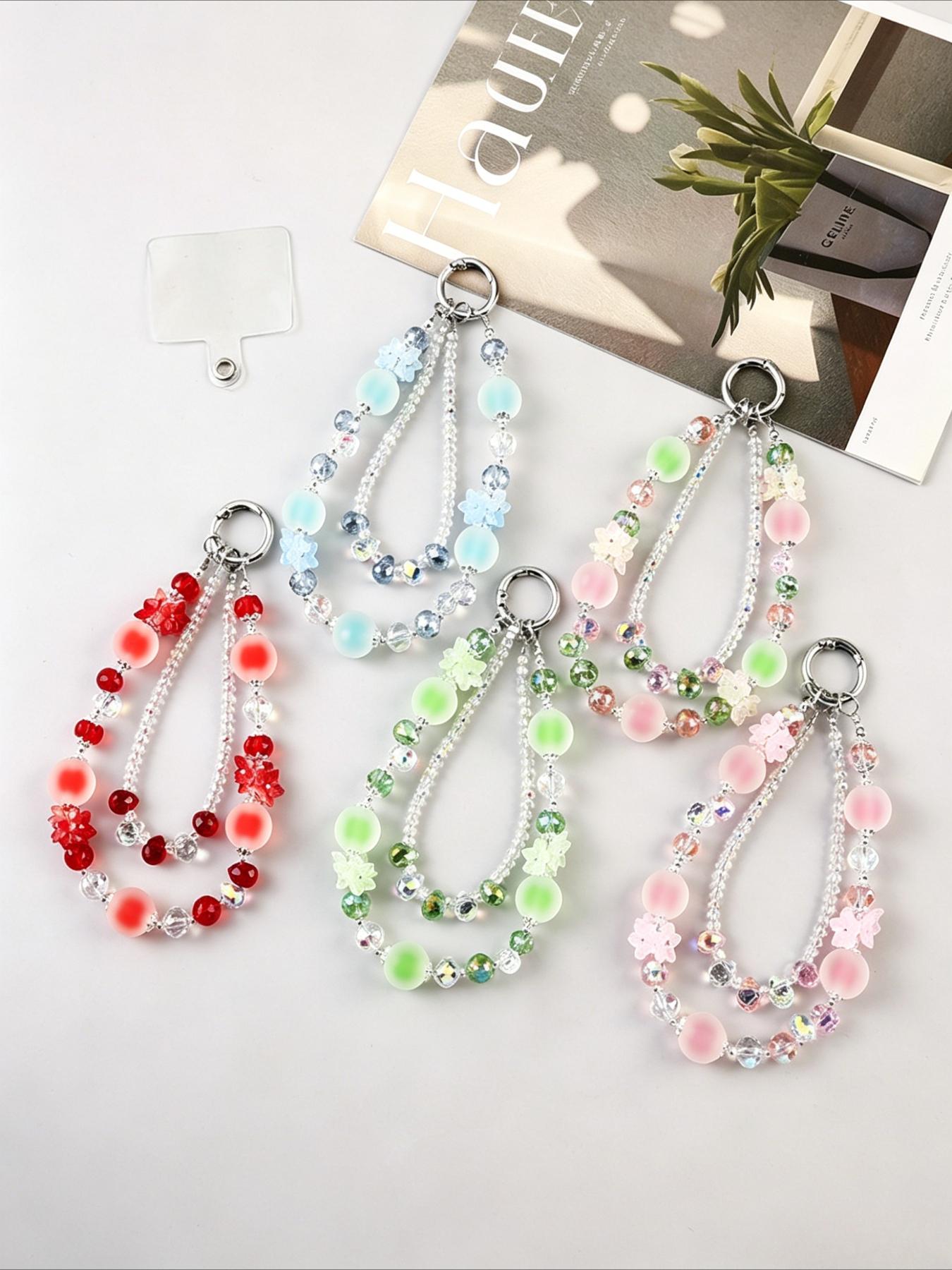 1 Ethereal Pink and Green Phone Strap: A Light and Elegant Spring-Inspired Flower-Shaped Crystal Bead Wrist Strap and Bag Charm