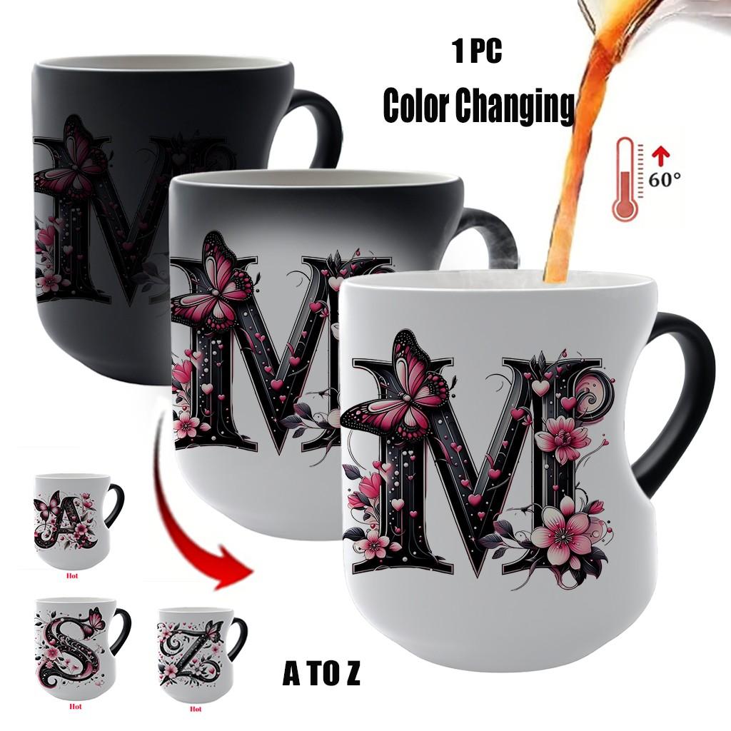 Butterfly Initials Heat-Sensitive Magic Mug, Ceramic Coffee Mug with Color-Changing Heart Design, Personalized Ceramic Cup Gift for Valentine's Day and Mother's Day