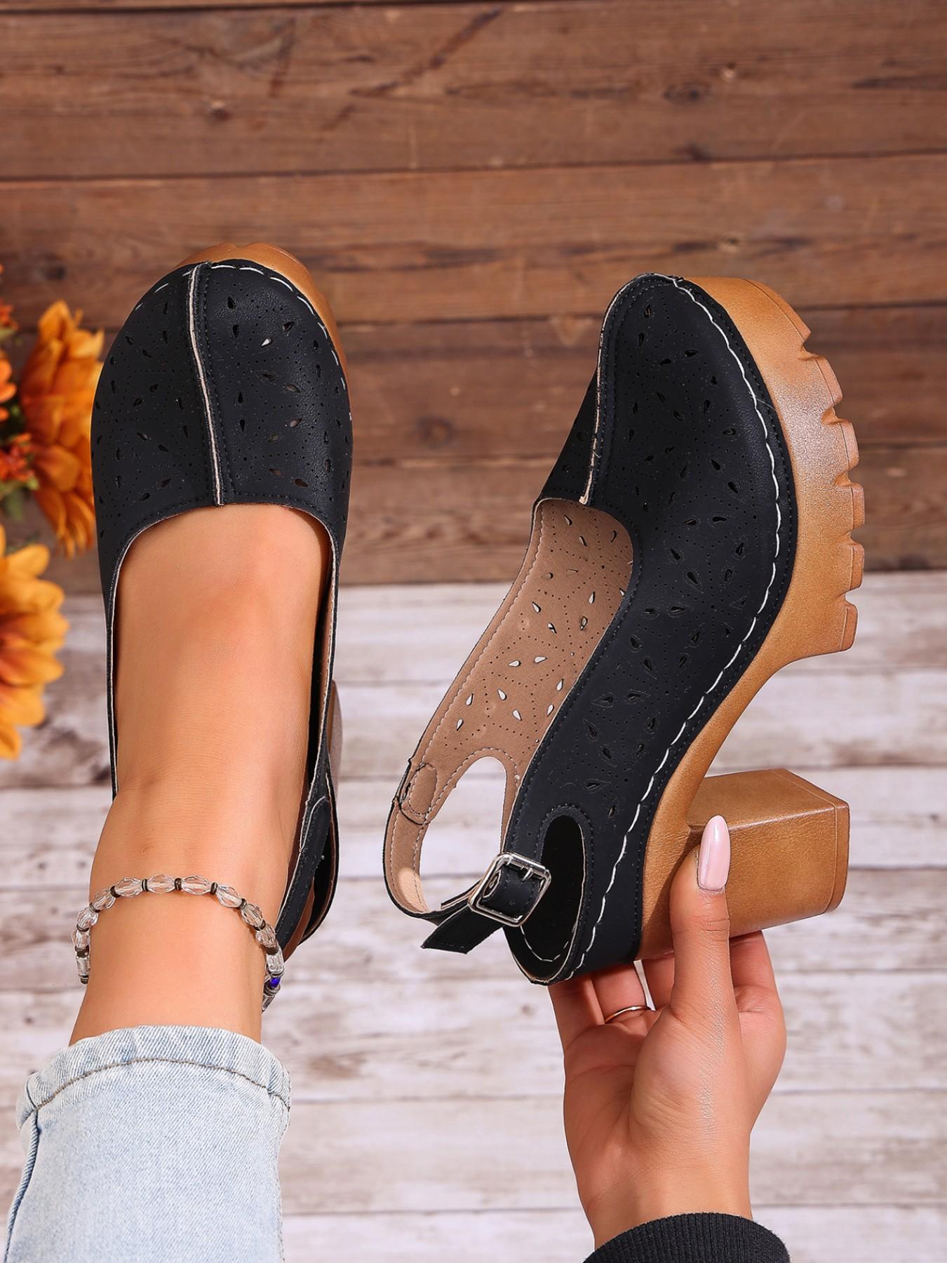 2026 Summer New Retro Thick Heel Sandals for Women, Hollow Out Floral Design, Waterproof Platform High Heels, Versatile Outdoor Wear