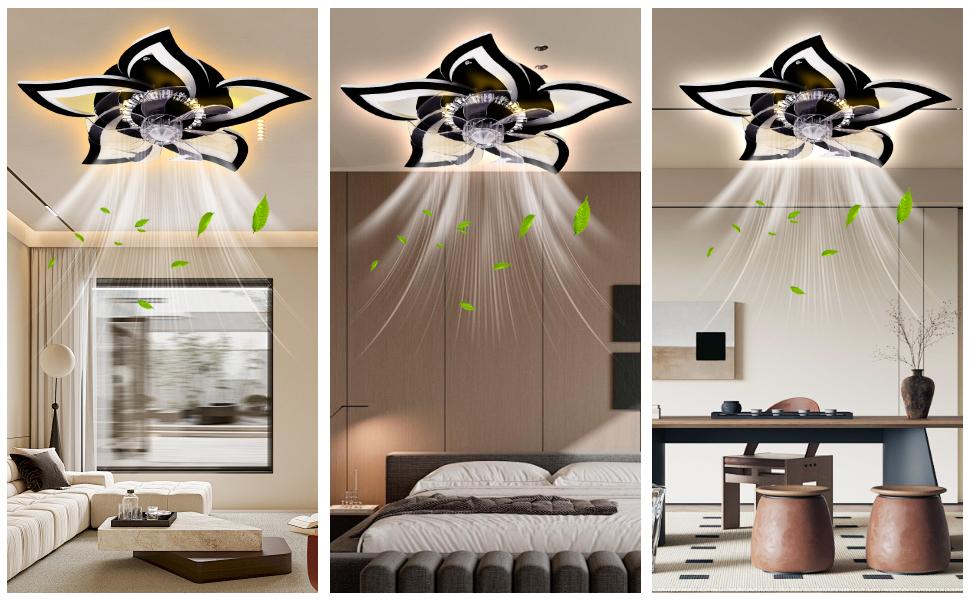 Ceiling Fans with Lights Remote Control, 27" Black, 6 Speeds 3 Light Color Lighting Low Profile Flush Mount Modern Ceiling Fan for Kitchen Bedroom