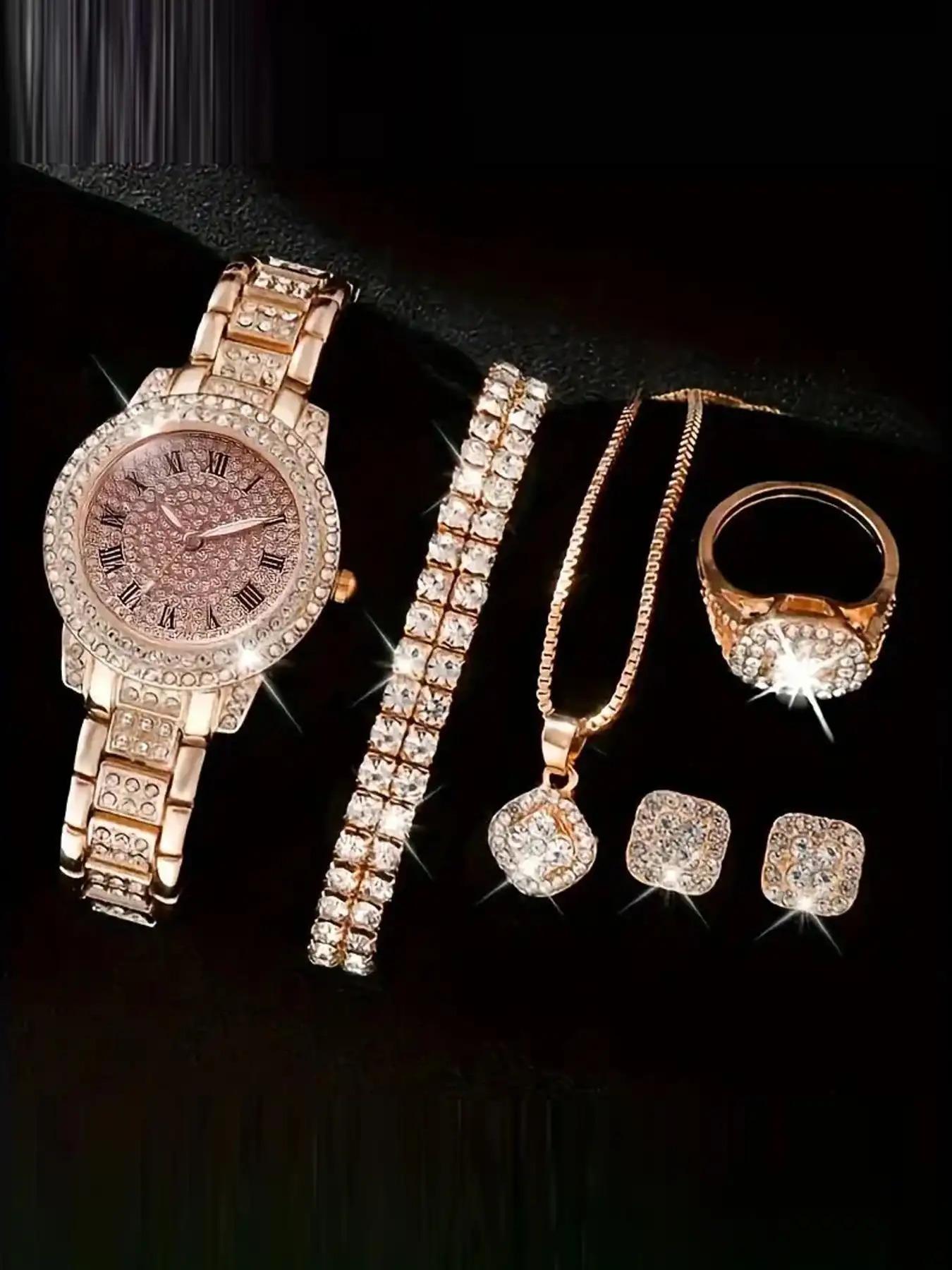 5-piece fashionable and avant-garde Roman starry sky rhinestone steel strap watch and women's diamond bracelet quartz watch modern fashion watch