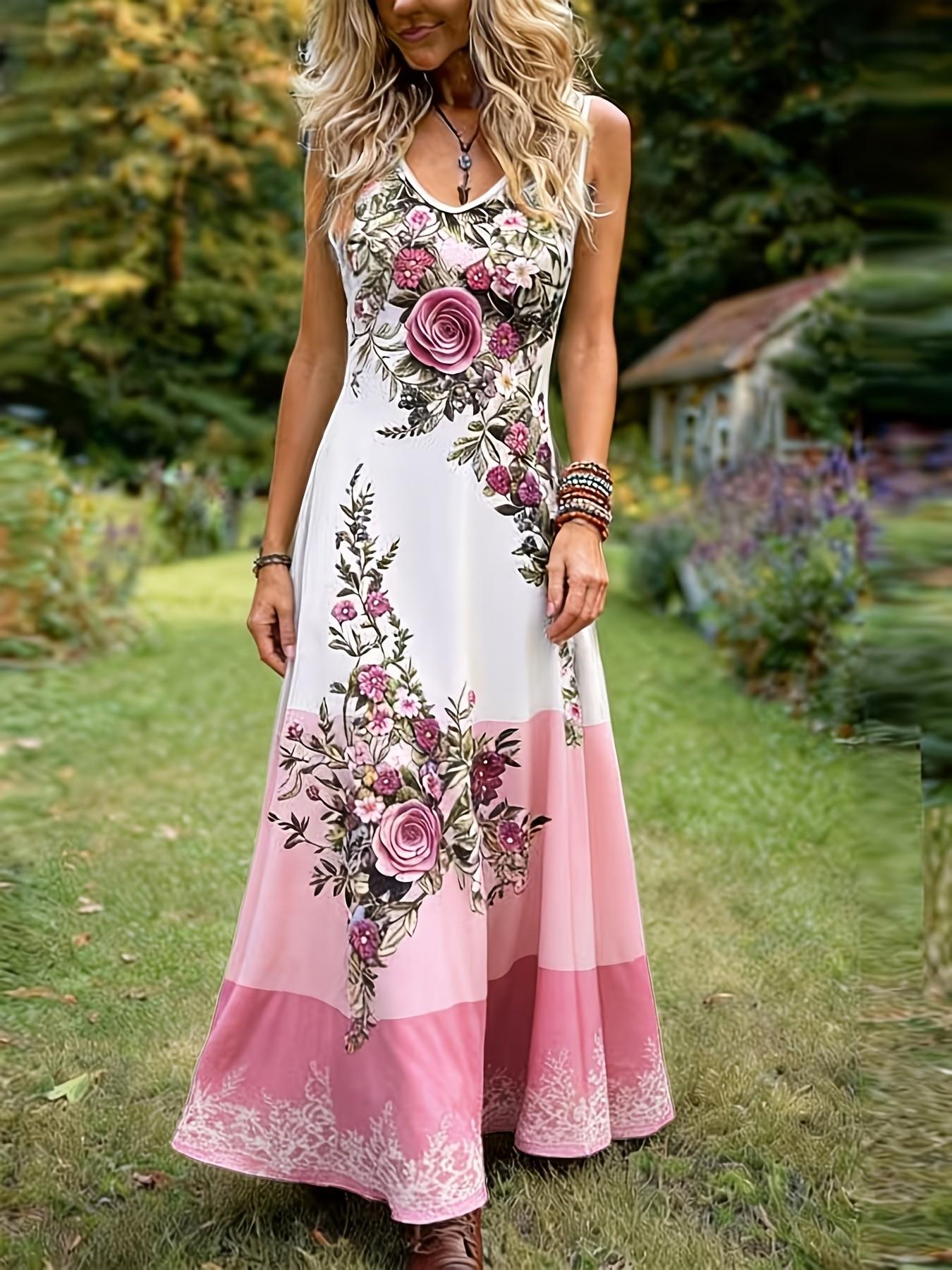 Elegant Vintage Floral Print Sleeveless Dress for Plus Size Women, Colorblock Design, Summer, Perfect for Casual & Special Occasions