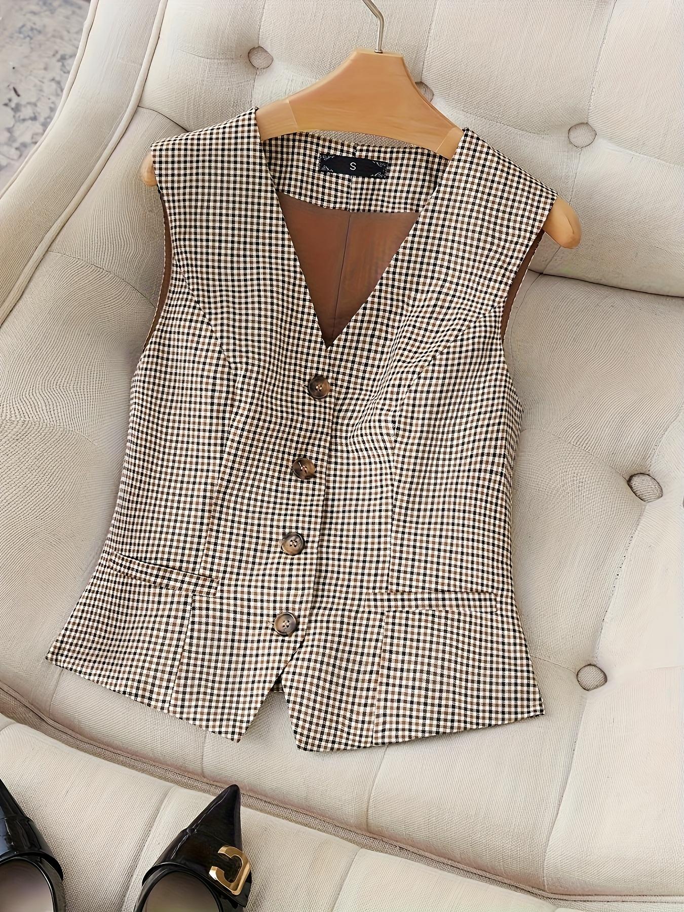 Women's Plaid Vest Jacket Tops, Racerback Backless Design, V-Neck Slim Fit, Suitable for Formal & Casual Occasions, Sunborui Business Style