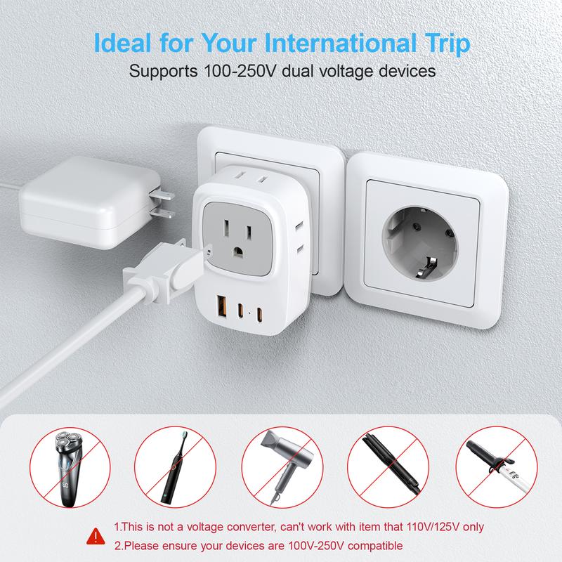 2 Pack European Plug Adaptor -International Travel Charger with  2 USB C, 4 American Outlets and 1 USB A Ports for France Germany Spain Turkey Greece Poland Iceland Russia
