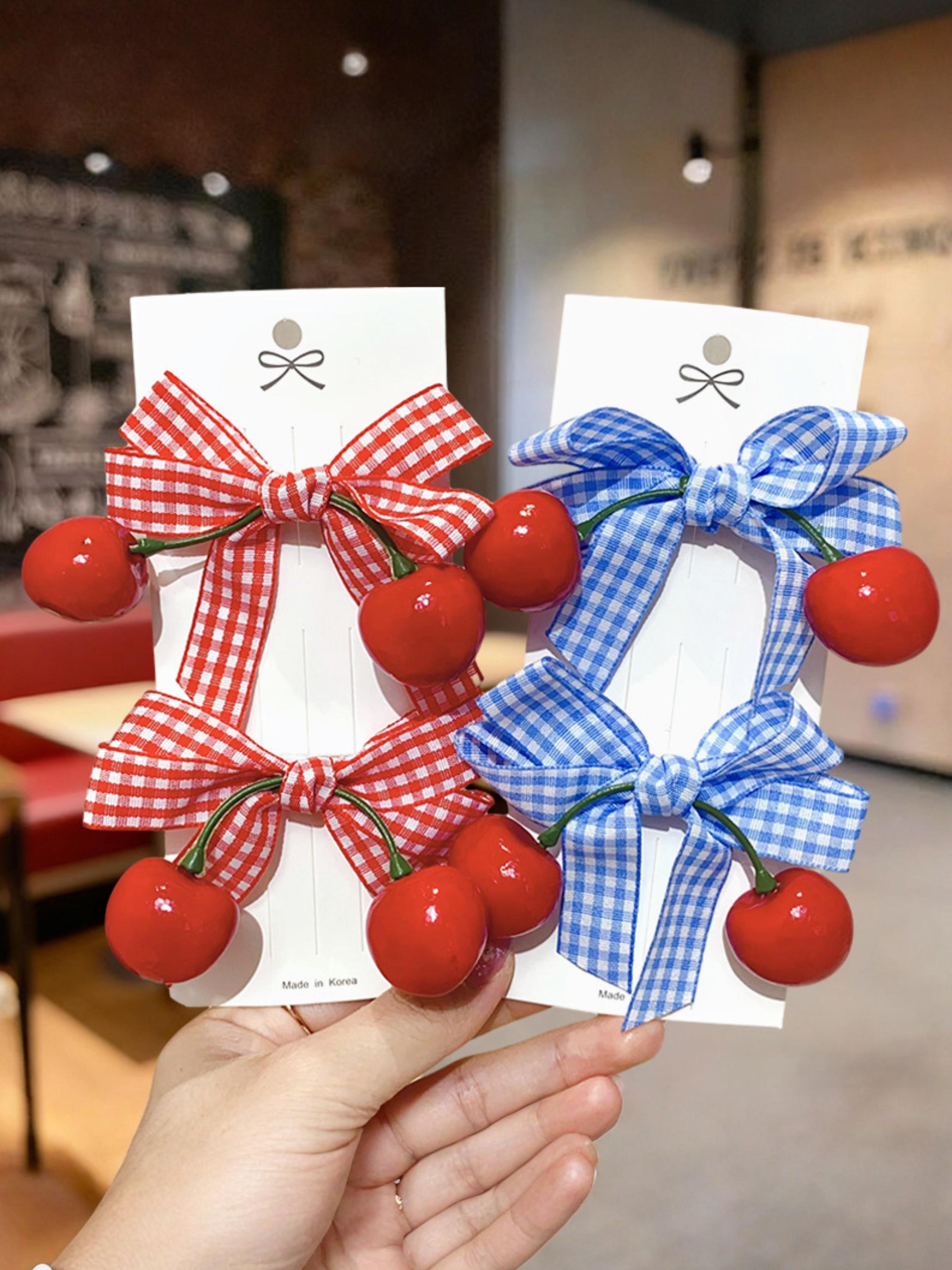 2pcs - French sweet cherry bow hair clips set, includes duckbill clips, women's hair clips, Y2K style for women & kids. Perfect for daily dates, picnics, photoshoots, school wear and festival parties.