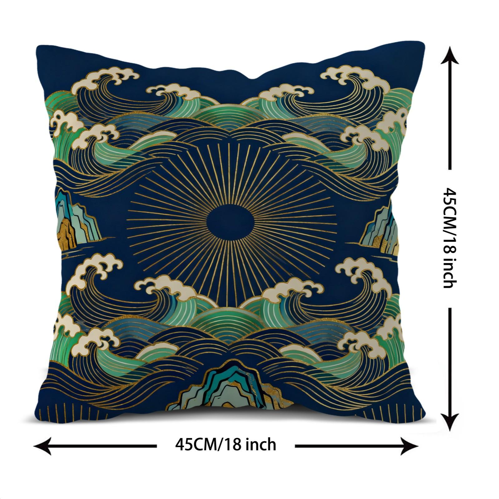 1 Piece Japanese Wave Sun Throw Pillow, Navy Blue Gold Foil Great Wave HD Digital Print Accent Pillow, Soft Plush Cushion with Hidden Zipper, Non-Fade Decor Pillow for Sofa Couch Bed, 18x18 Inch