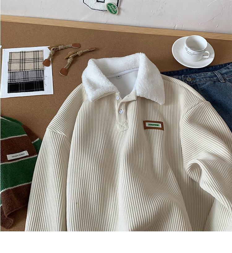 2025 NEW Corduroy Polo collar sweater couple autumn and winter style plus velvet thickened simple fashion lamb wool coat Comfort Long Sleeve