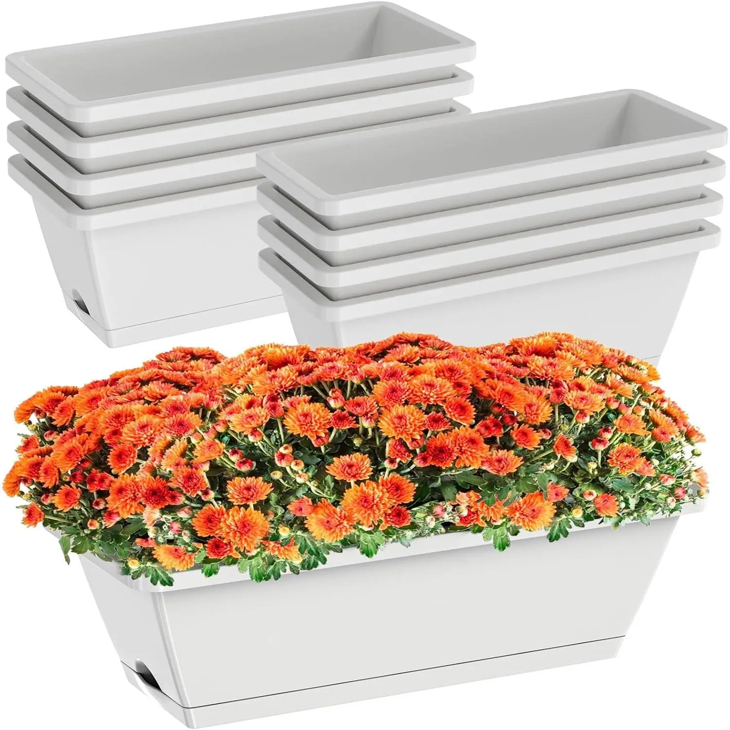 Light Grey Rectangular Window Planter Boxes - 8pcs 17in Plastic Flower Herb Pots with Drainage Holes and Trays for Indoor Outdoor Garden Windowsill, Tray