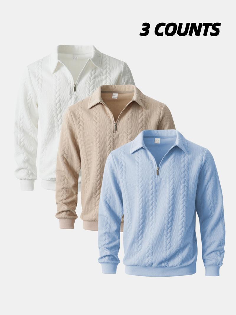 3-Pack Men's Half-Zip Pullover Sweaters, Cable Knit Collared Tops, Stylish Comfortable Casual Sweatshirts for Men's Spring/Fall Daily Wear & Fashion Styles