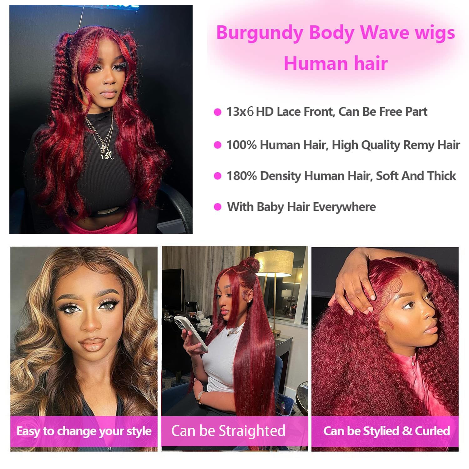 99J Burgundy Lace Front Wigs 99J 13X6 Body Wave HD Lace Frontal Wig Burgundy Transparent Lace Front Wig Colored Pre Plucked With Baby Hair 180% Density Wine Red 99J Burgundy Lace Front Wigs 99J 13X6 Body Wave HD Lace Frontal Wig Burgundy Transparent Lace Front Wig Colored Pre Plucked With Baby Hair 180% Density Wine Red