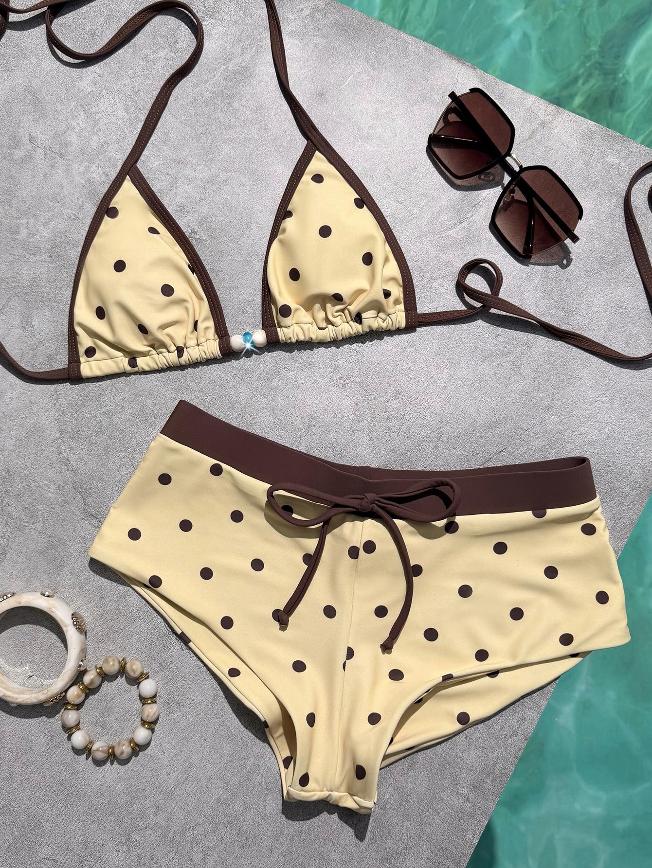 Women's Swimsuit Bikini Set Retro Yellow Polka Dot Print Vintage Color Block Summer Outfit for Beachwear & Vacation Y2k 2000s Streetwear