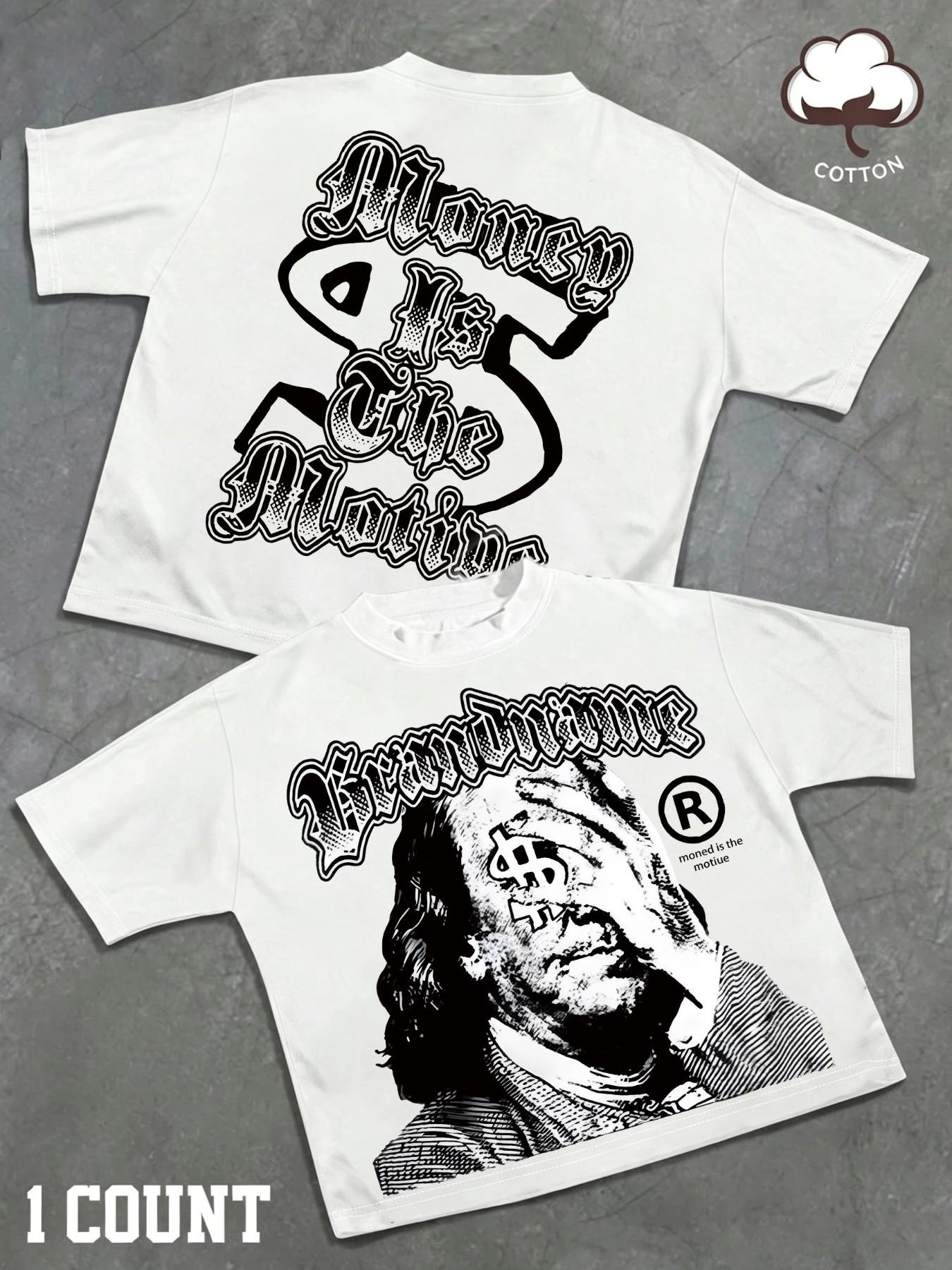 Vintage American Money Motif Graphic Tee for Men, Oversized Crew Neck Cotton T-Shirt with Dollar Sign Hand Print, Gothic Letter Streetwear Hip Hop Top, Casual Summer Outfit for Rapper Skateboard Street Style