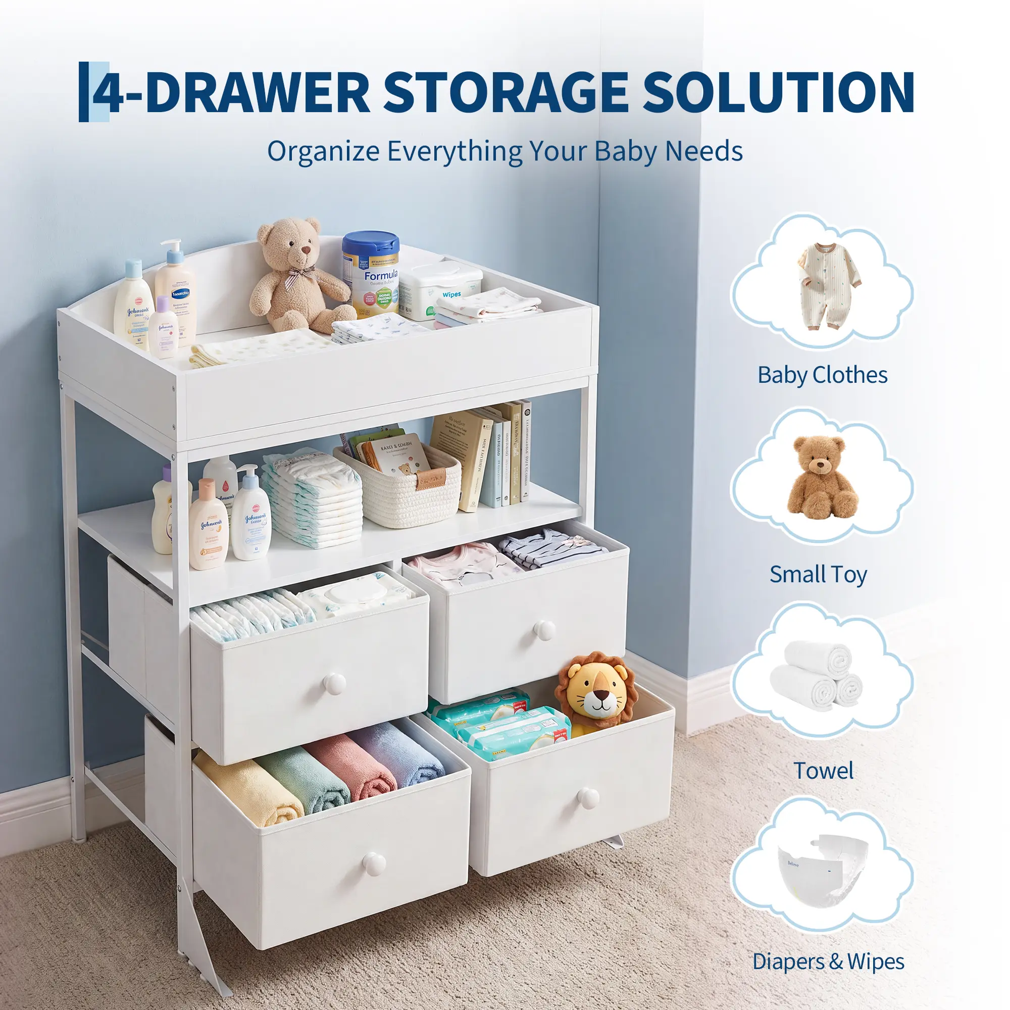 Garvee Compact Baby Changing Table Dresser - Removable Top, 6 Fabric Drawers, Space-Saver Nursery Storage Station for Newborn Diaper Organization