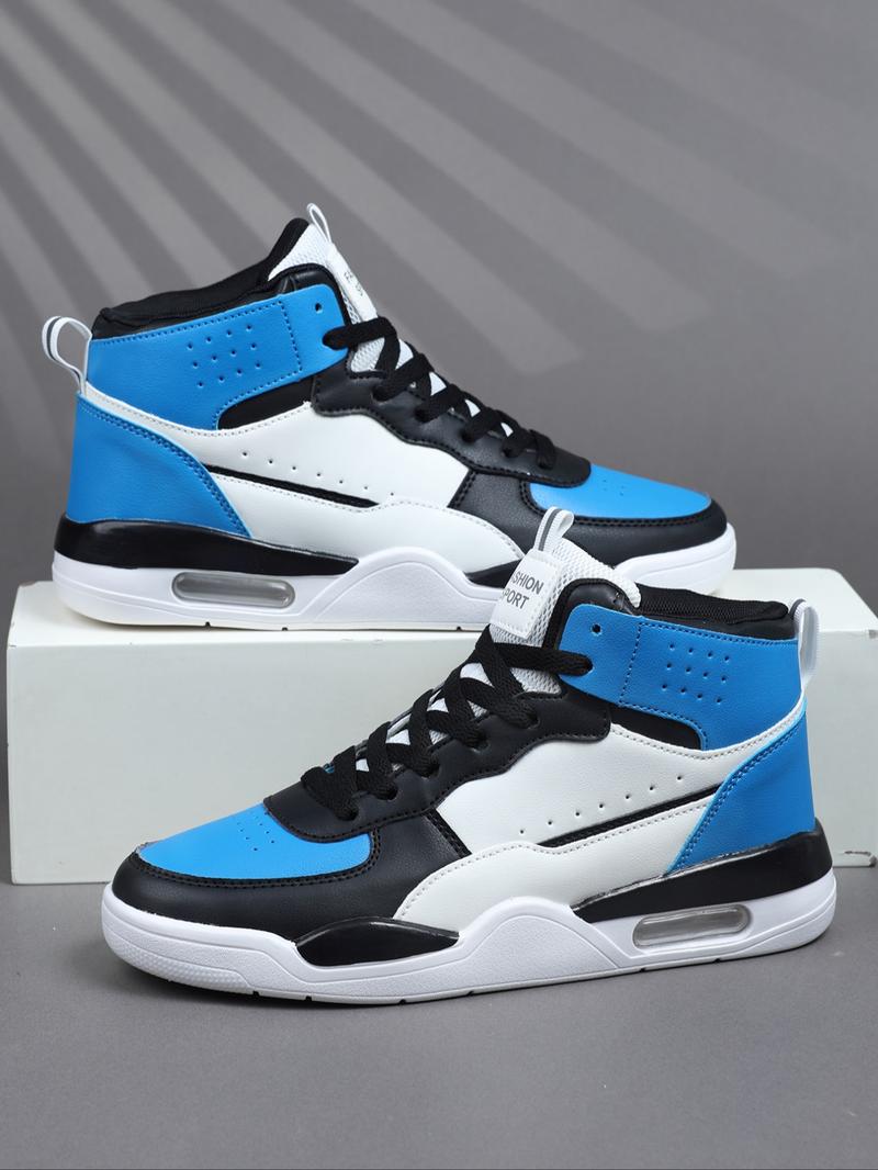 High Top Men's Stylish Basketball Shoes, Casual, Comfortable Breathable Lace-Up, Air Cushion Sole, Patchwork Design, PU Leather, All Seasons