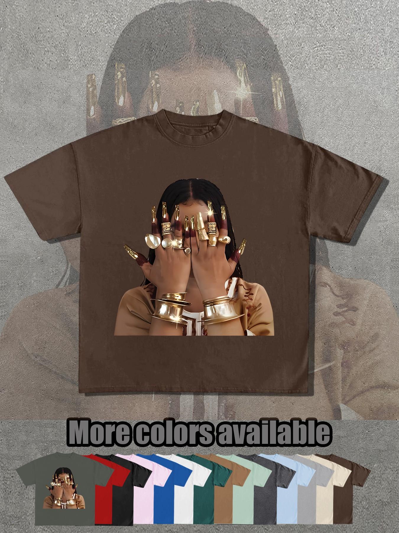 14 Color Options, Retro Egyptian Queen Gold Nail Print T-Shirt, Unisex Short Sleeve, Loose Fit, Street Style, Summer Fashion Essential