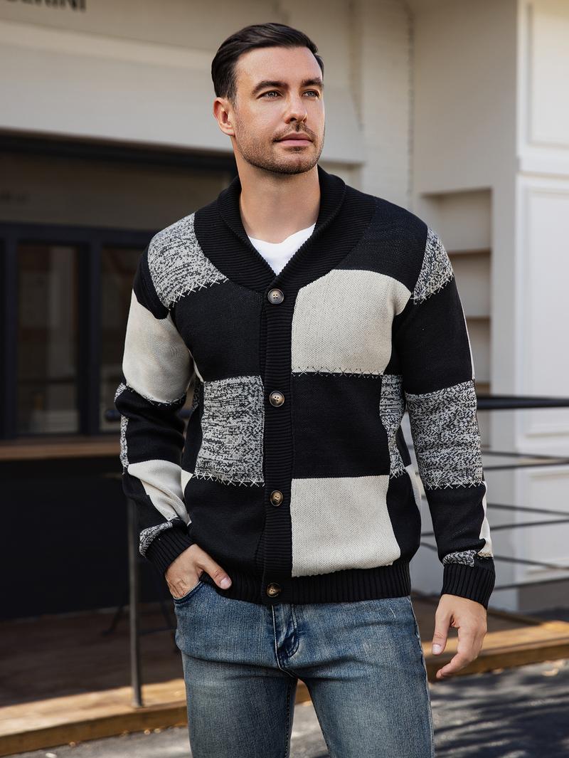 HYPESTFIT Men's Casual Color-Block Cardigan Sweater - Black, White, Gray Plaid Button-Up Cardigan with Lapel Collar, Long Sleeve, Regular Fit for Fall/Winter, Casual Attire & Weekend Outings, Cardigan Sweater, Winter Layering, Classic Knitwear