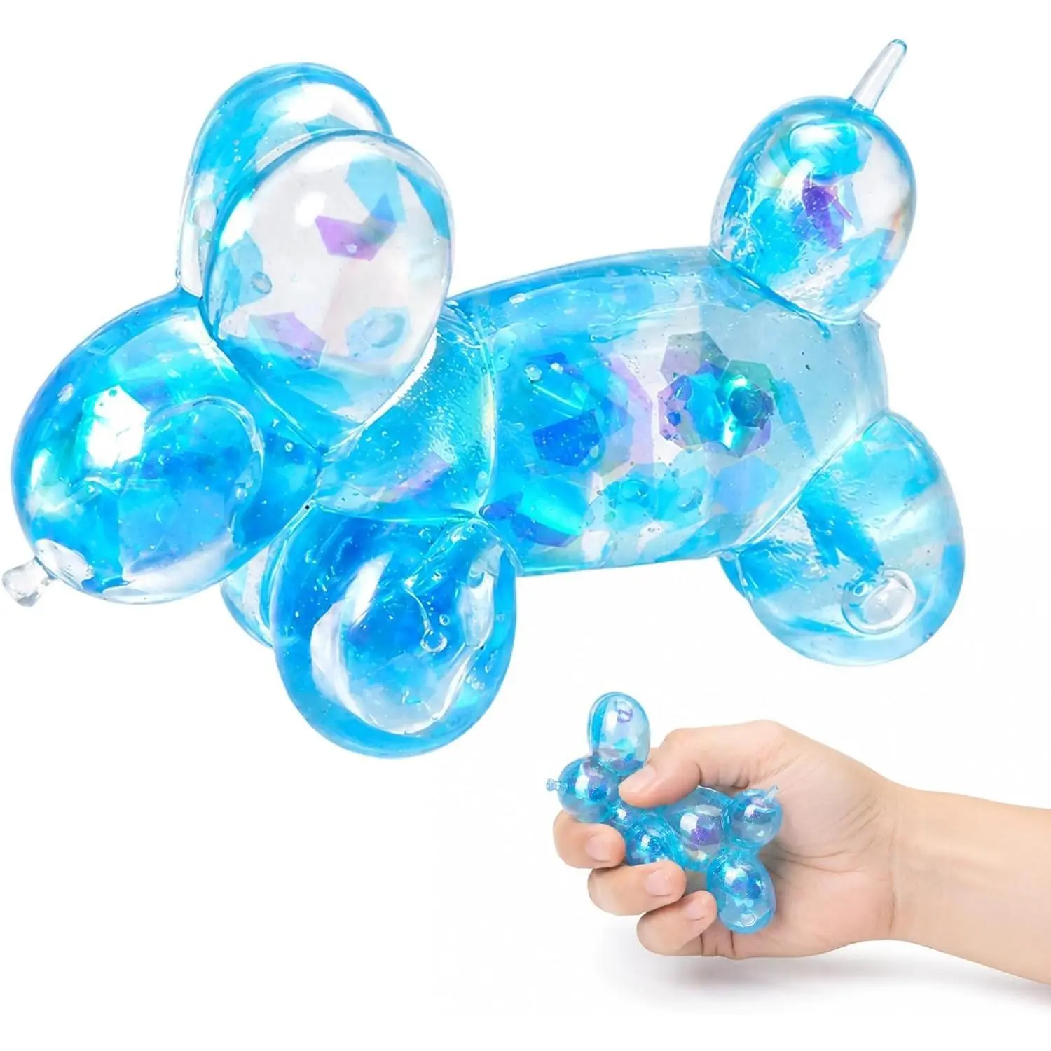 Balloon Dog Squishy, Large Size with Glitter Filling in Blue,Squishy Balloon Dog with Slow-Return Texture and Sparkling Interior for Desk Display